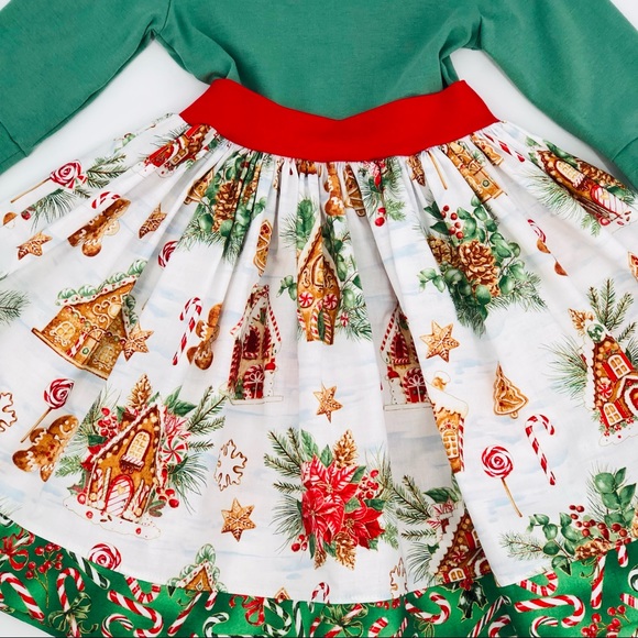 KPea Original Gingerbread Print Green Holiday Christmas Dress Cotton NEW - Picture 5 of 10